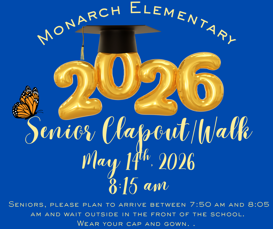 Blue background with gold balloons spelling 2026. Graduation cap on the zero. Butterfly on the text that repeats what is in the announcement